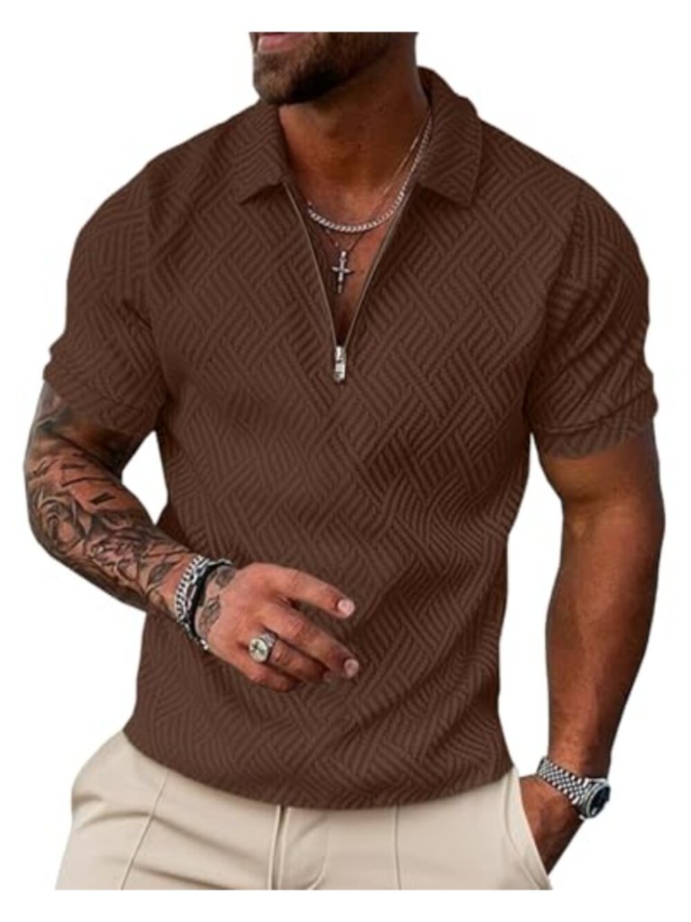 Men's Short Sleeve Quarter Zip Polo Shirt Geometric Texture Golf Casual Slim